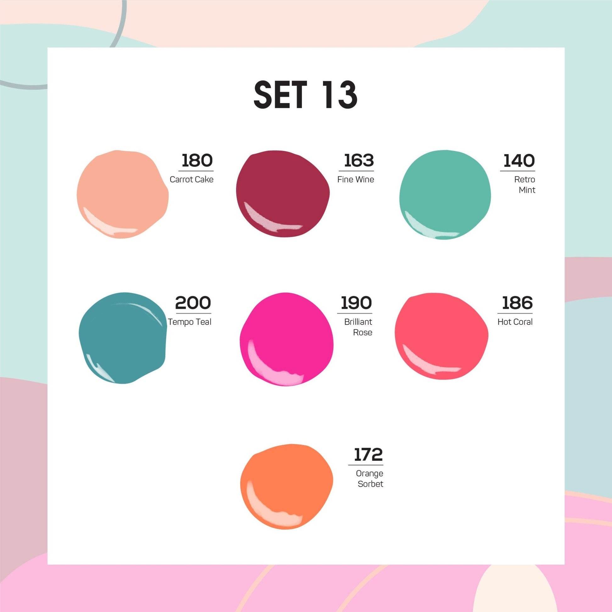 Lavis Holiday Collection: 7 Gel Polishes, 1 Base Gel, 1 Top Gel - Set 13 - 180, 163, 140, 200, 190, 186, 172 + BT - DTK Nail Supply