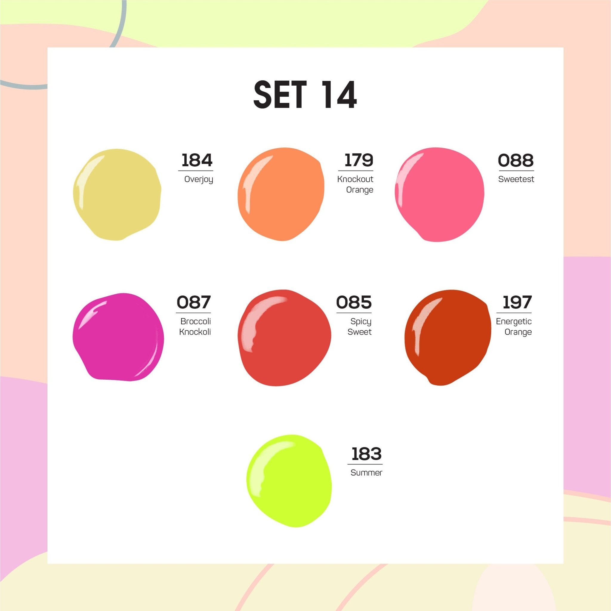 Lavis Holiday Collection: 7 Gel Polishes, 1 Base Gel, 1 Top Gel - Set 14 - 184, 179, 088, 087, 085, 197, 183 + BT - DTK Nail Supply