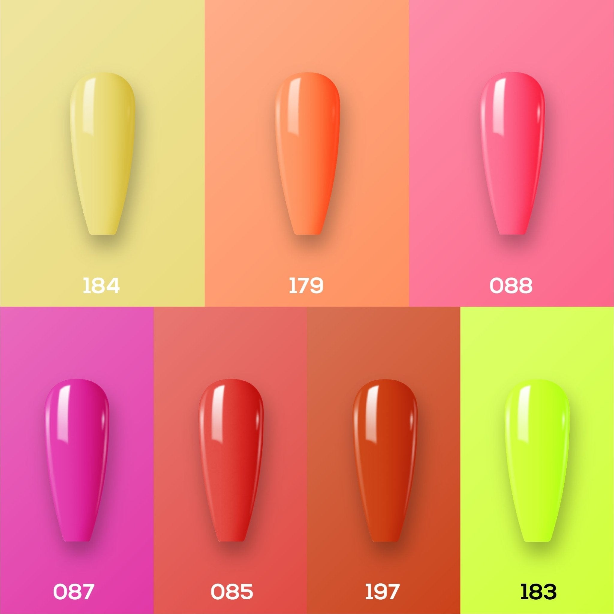 Lavis Holiday Collection: 7 Gel Polishes, 1 Base Gel, 1 Top Gel - Set 14 - 184, 179, 088, 087, 085, 197, 183 + BT - DTK Nail Supply