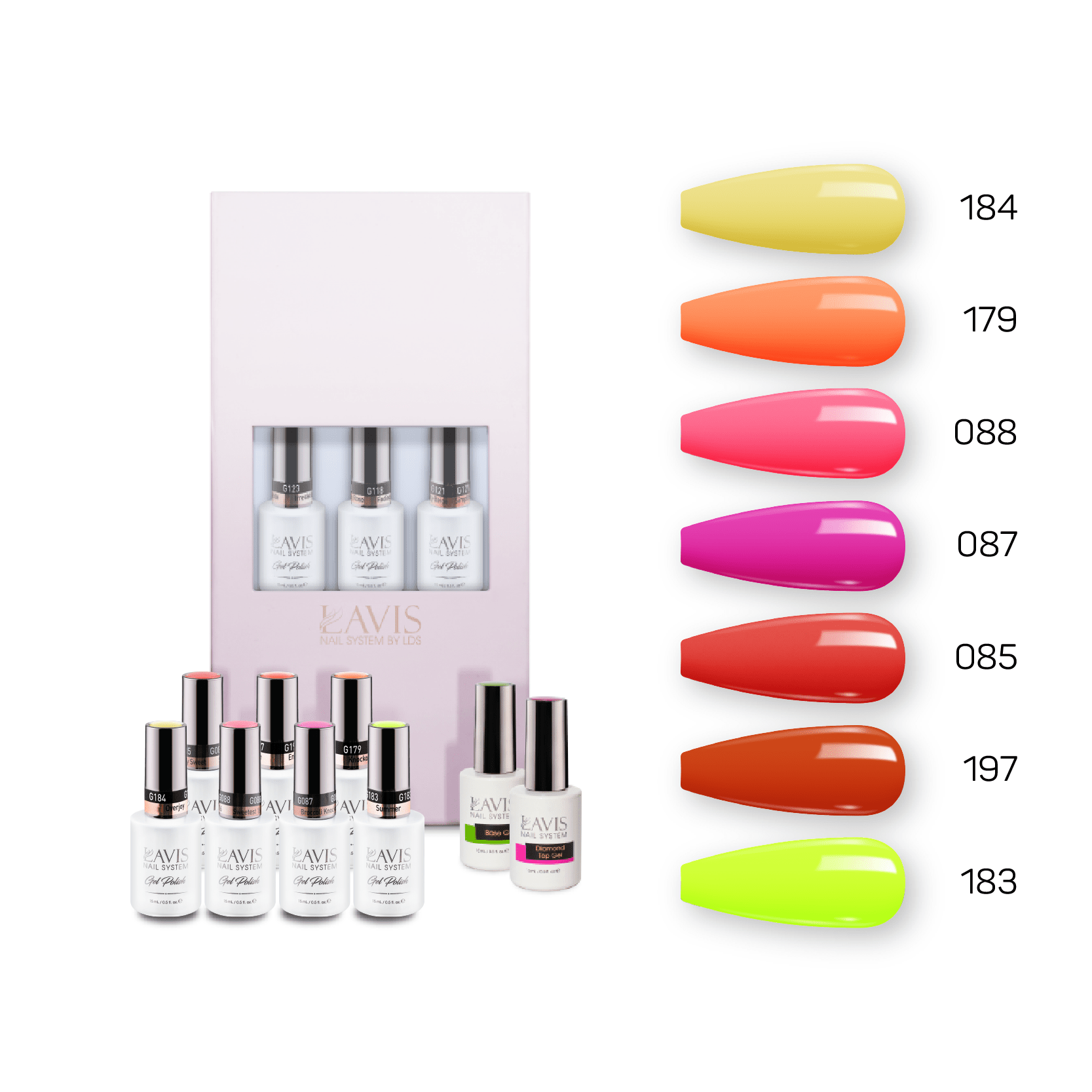 Lavis Holiday Collection: 7 Gel Polishes, 1 Base Gel, 1 Top Gel - Set 14 - 184, 179, 088, 087, 085, 197, 183 + BT - DTK Nail Supply