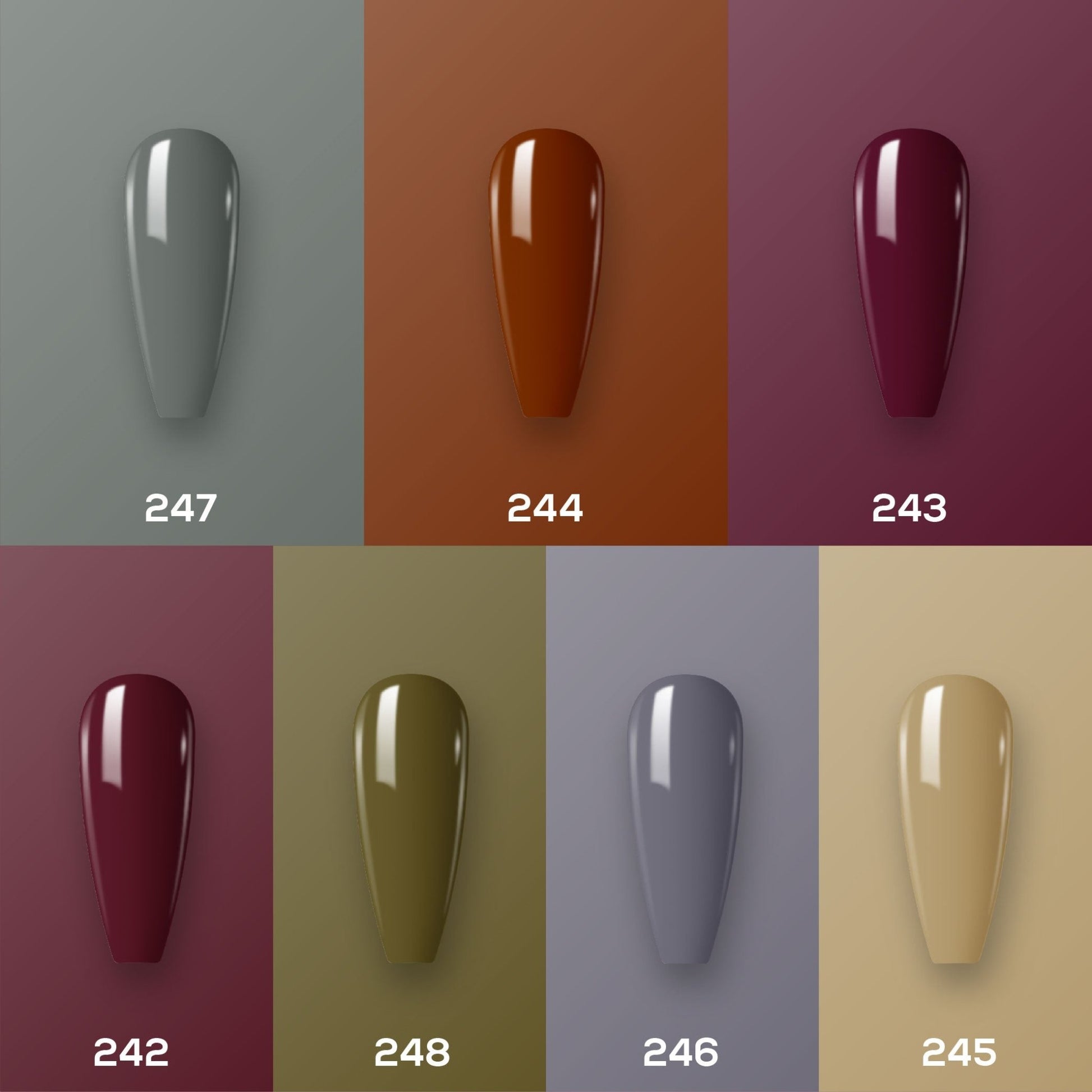 Lavis Holiday Collection: 7 Gel Polishes, 1 Base Gel, 1 Top Gel - Set 16 - 247, 244, 243, 242, 248, 246, 245 + BT - DTK Nail Supply