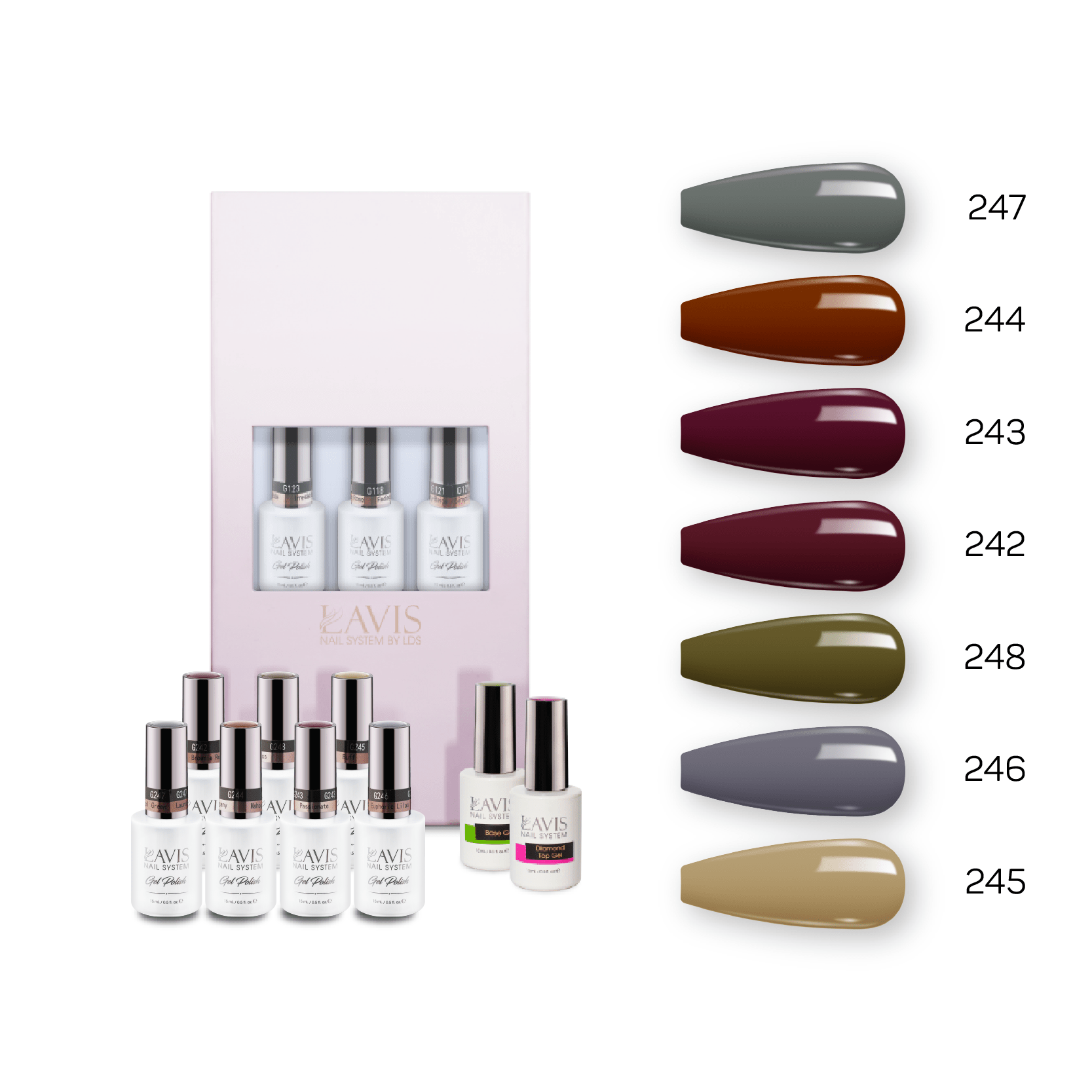 Lavis Holiday Collection: 7 Gel Polishes, 1 Base Gel, 1 Top Gel - Set 16 - 247, 244, 243, 242, 248, 246, 245 + BT - DTK Nail Supply