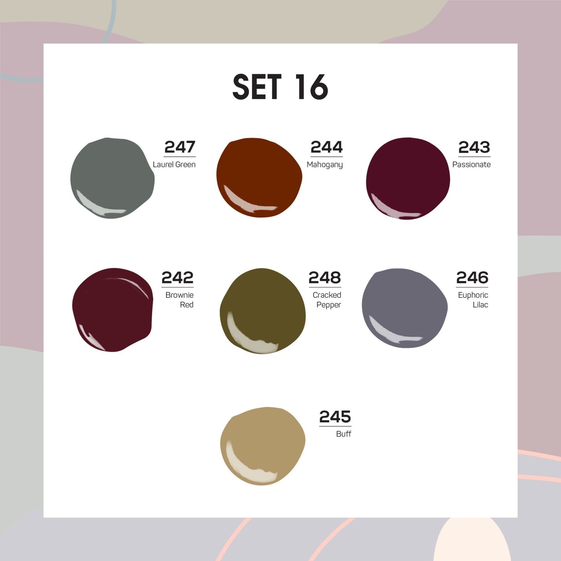 Lavis Holiday Collection: 7 Gel Polishes, 1 Base Gel, 1 Top Gel - Set 16 - 247, 244, 243, 242, 248, 246, 245 + BT - DTK Nail Supply