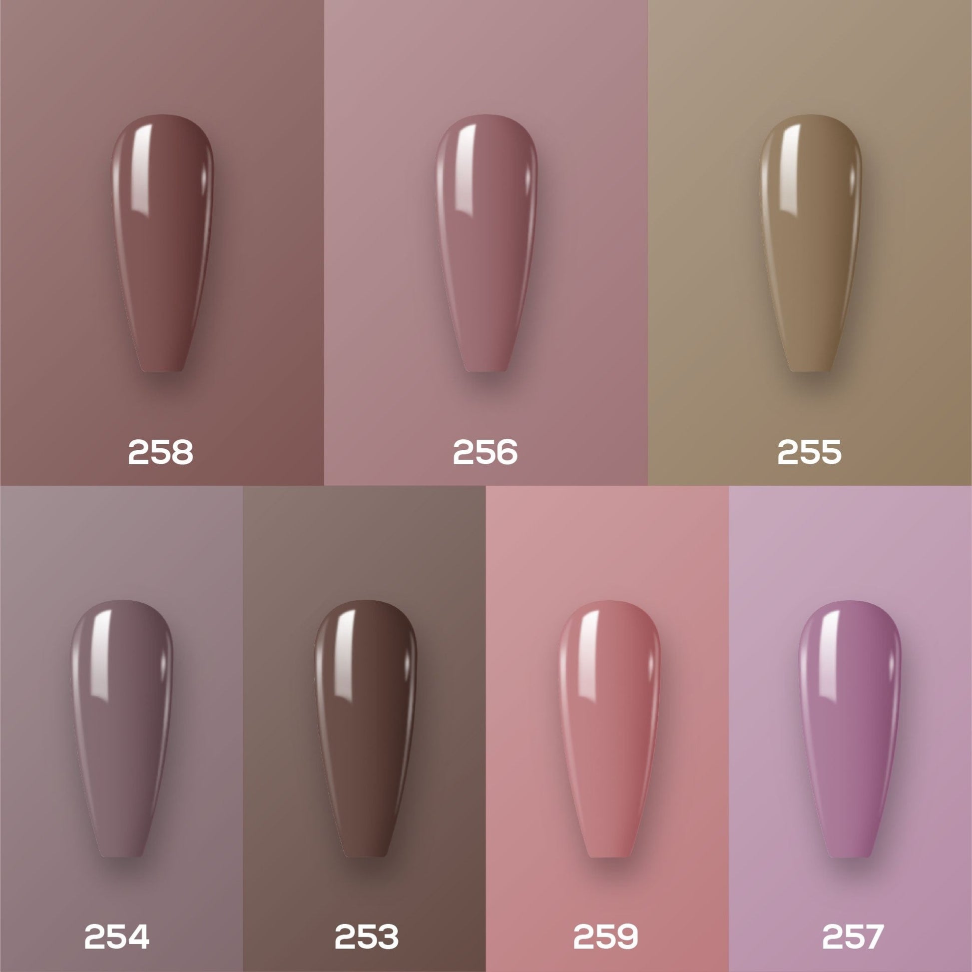 Lavis Holiday Collection: 7 Gel Polishes, 1 Base Gel, 1 Top Gel - Set 17 - 258, 256, 255, 254, 253, 259, 257 + BT - DTK Nail Supply