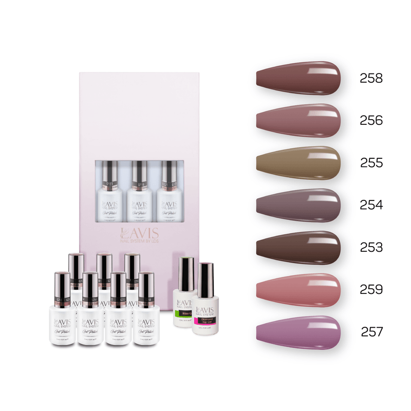 Lavis Holiday Collection: 7 Gel Polishes, 1 Base Gel, 1 Top Gel - Set 17 - 258, 256, 255, 254, 253, 259, 257 + BT - DTK Nail Supply