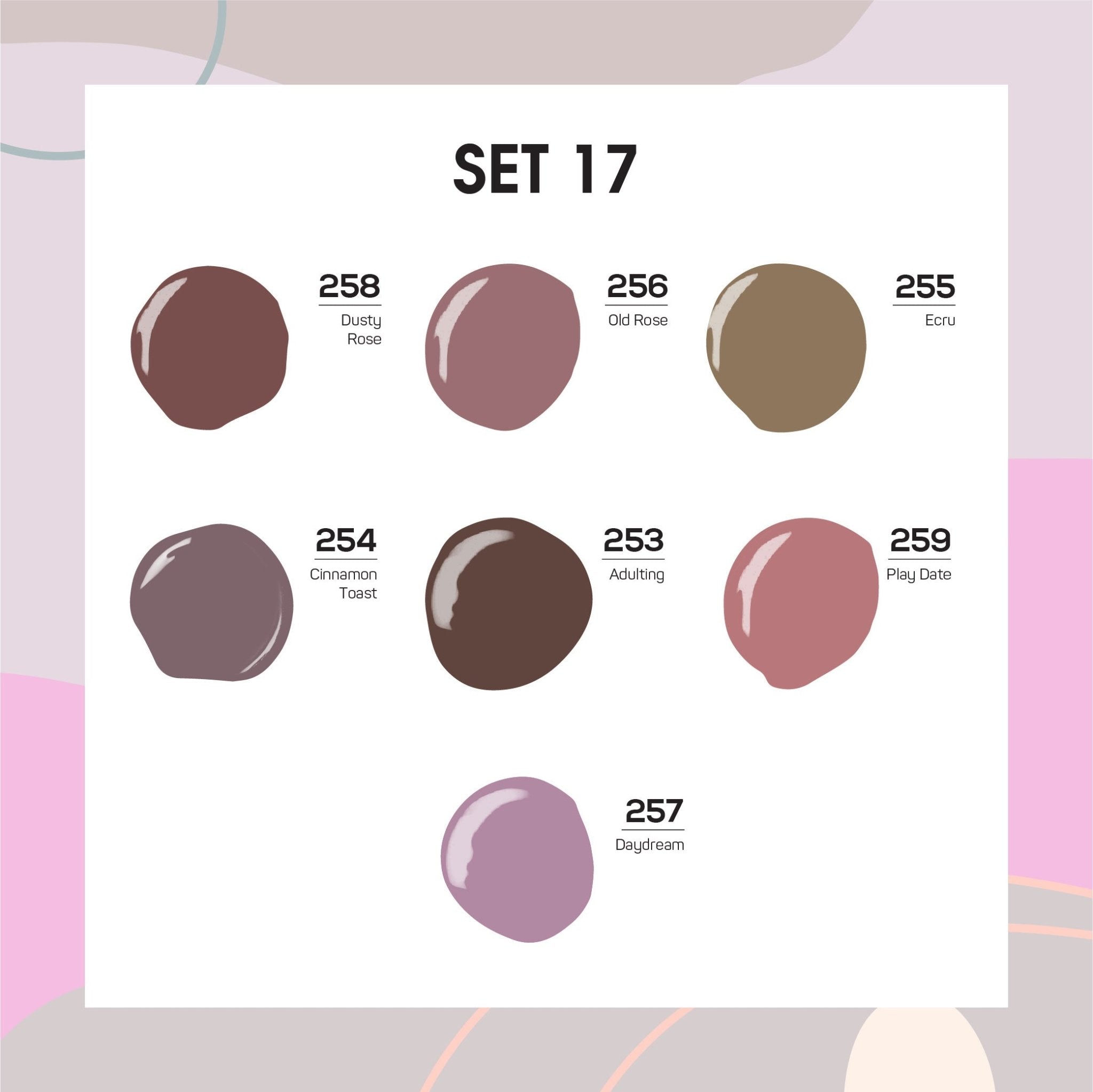 Lavis Holiday Collection: 7 Gel Polishes, 1 Base Gel, 1 Top Gel - Set 17 - 258, 256, 255, 254, 253, 259, 257 + BT - DTK Nail Supply