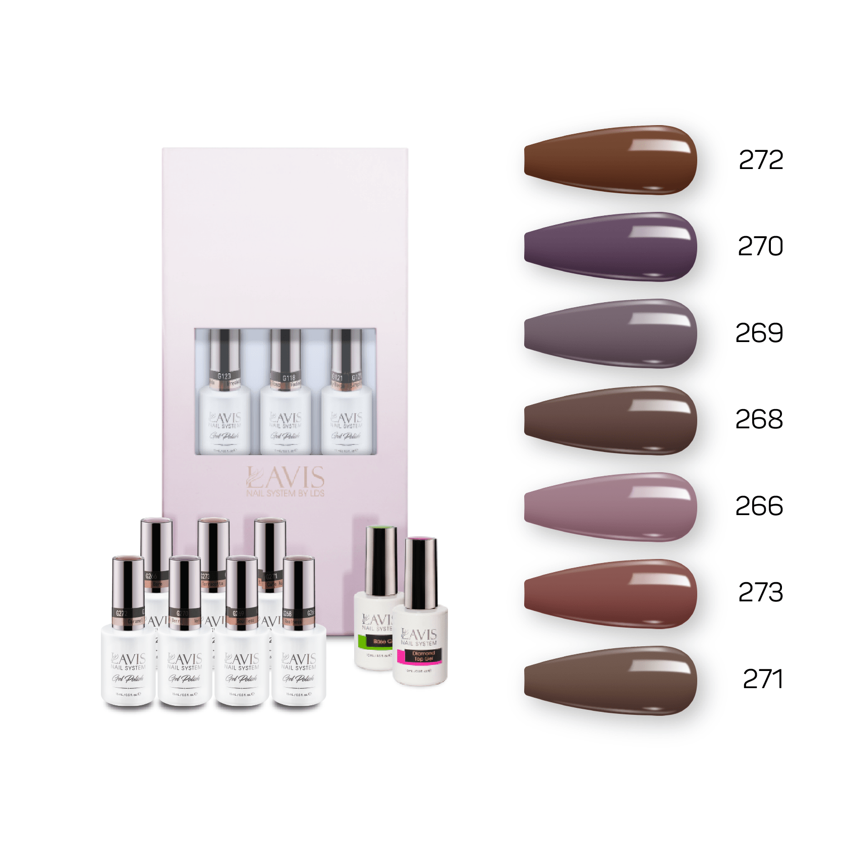 Lavis Holiday Collection: 7 Gel Polishes, 1 Base Gel, 1 Top Gel - Set 18 - 272, 270, 269, 268, 266, 273, 271 + BT - DTK Nail Supply