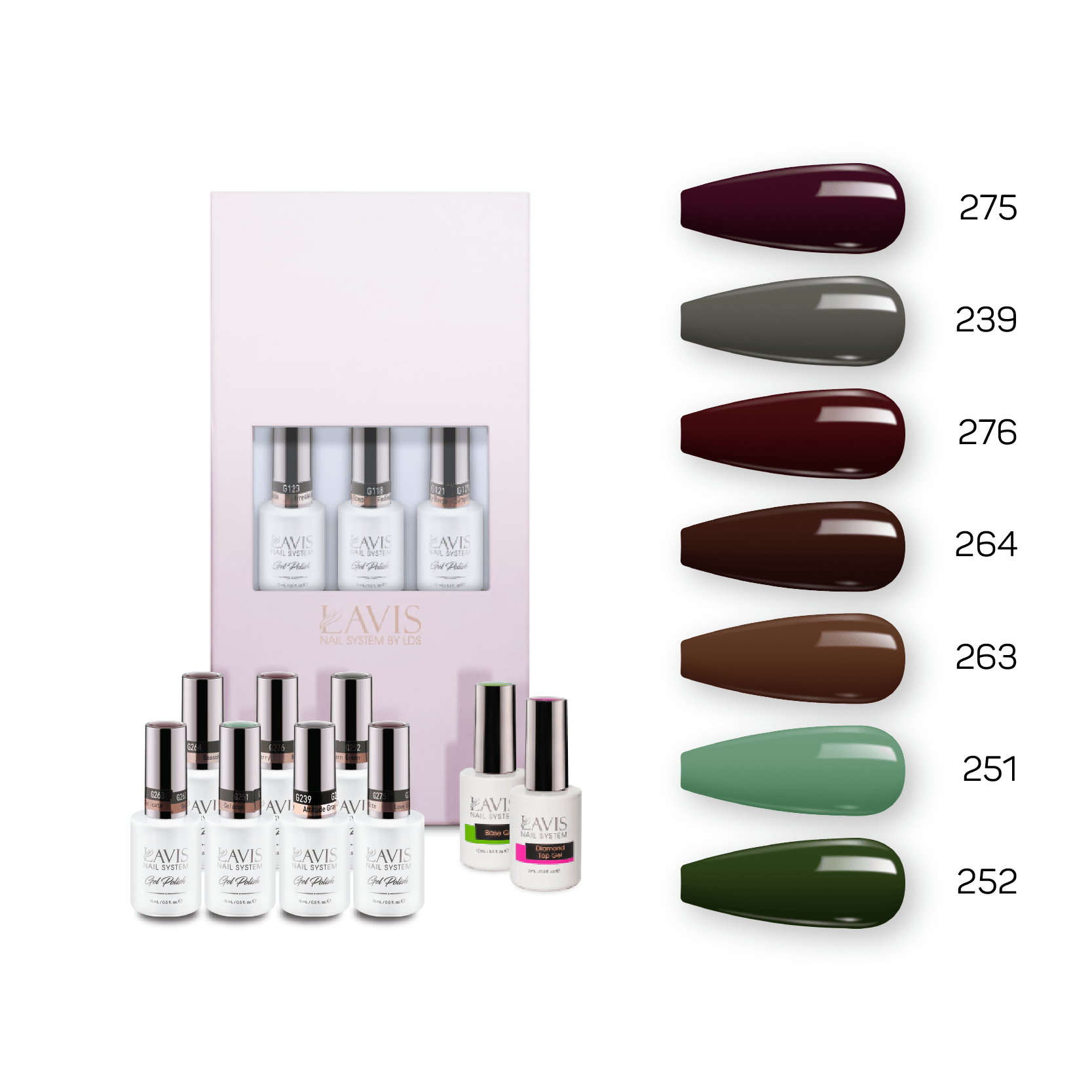Lavis Holiday Collection: 7 Gel Polishes, 1 Base Gel, 1 Top Gel - Set 19 - 275, 239, 276, 264, 263, 251, 252 + BT - DTK Nail Supply