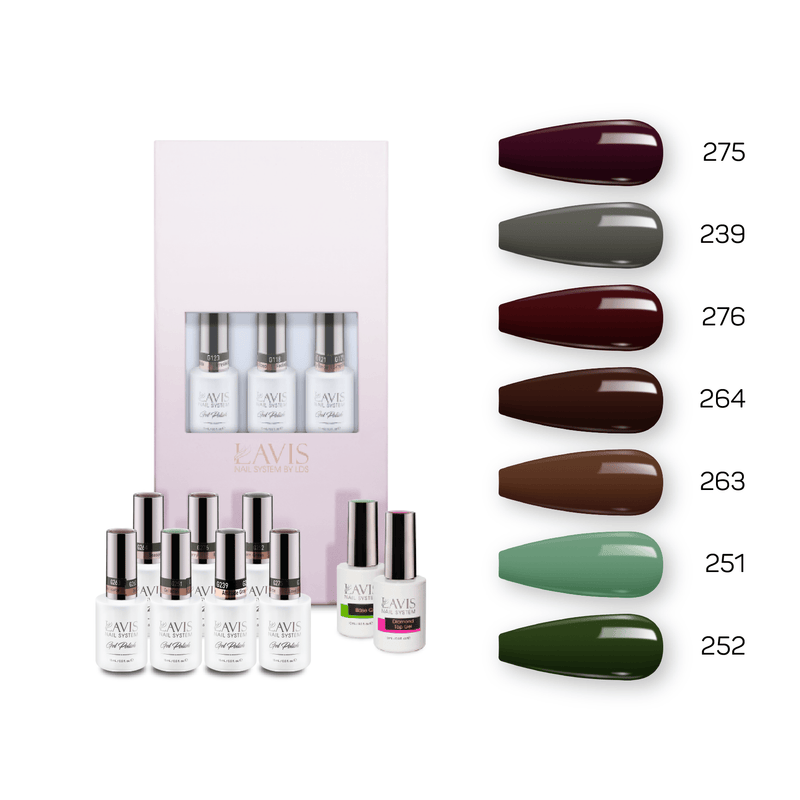 Lavis Holiday Collection: 7 Gel Polishes, 1 Base Gel, 1 Top Gel - Set 19 - 275, 239, 276, 264, 263, 251, 252 + BT - DTK Nail Supply