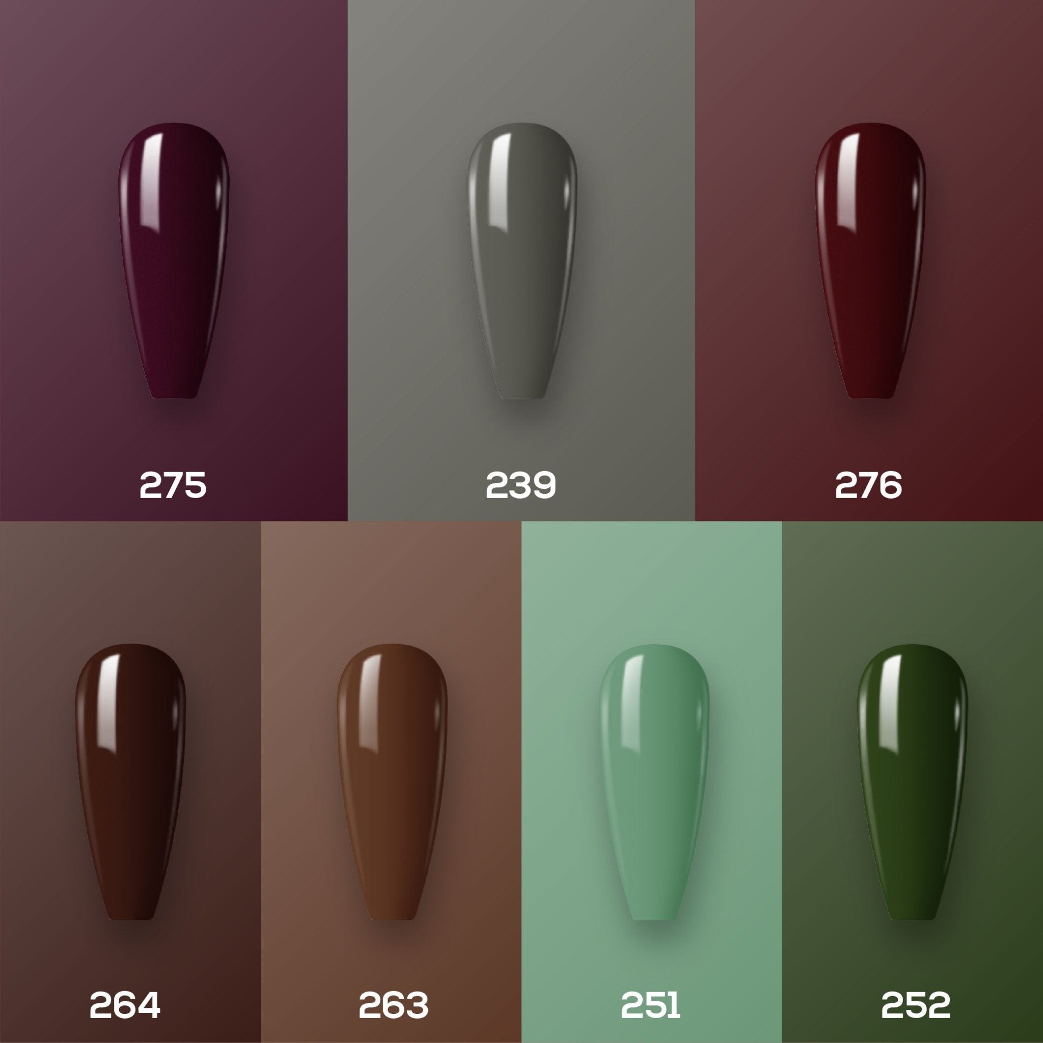 Lavis Holiday Collection: 7 Gel Polishes, 1 Base Gel, 1 Top Gel - Set 19 - 275, 239, 276, 264, 263, 251, 252 + BT - DTK Nail Supply