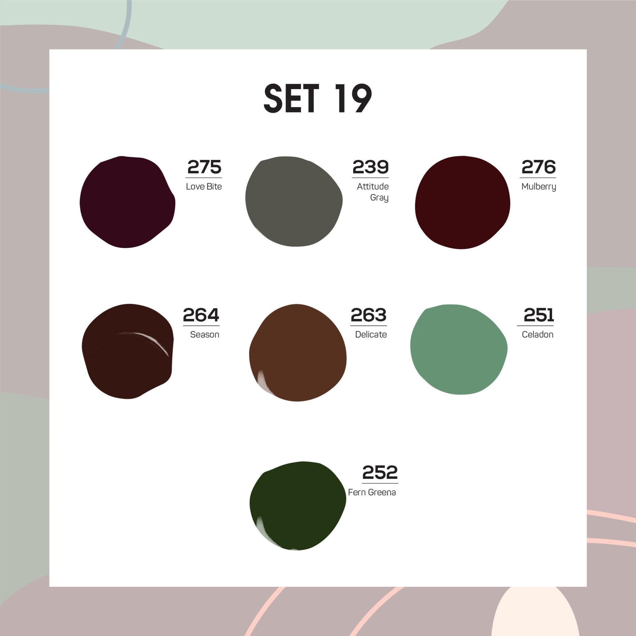 Lavis Holiday Collection: 7 Gel Polishes, 1 Base Gel, 1 Top Gel - Set 19 - 275, 239, 276, 264, 263, 251, 252 + BT - DTK Nail Supply