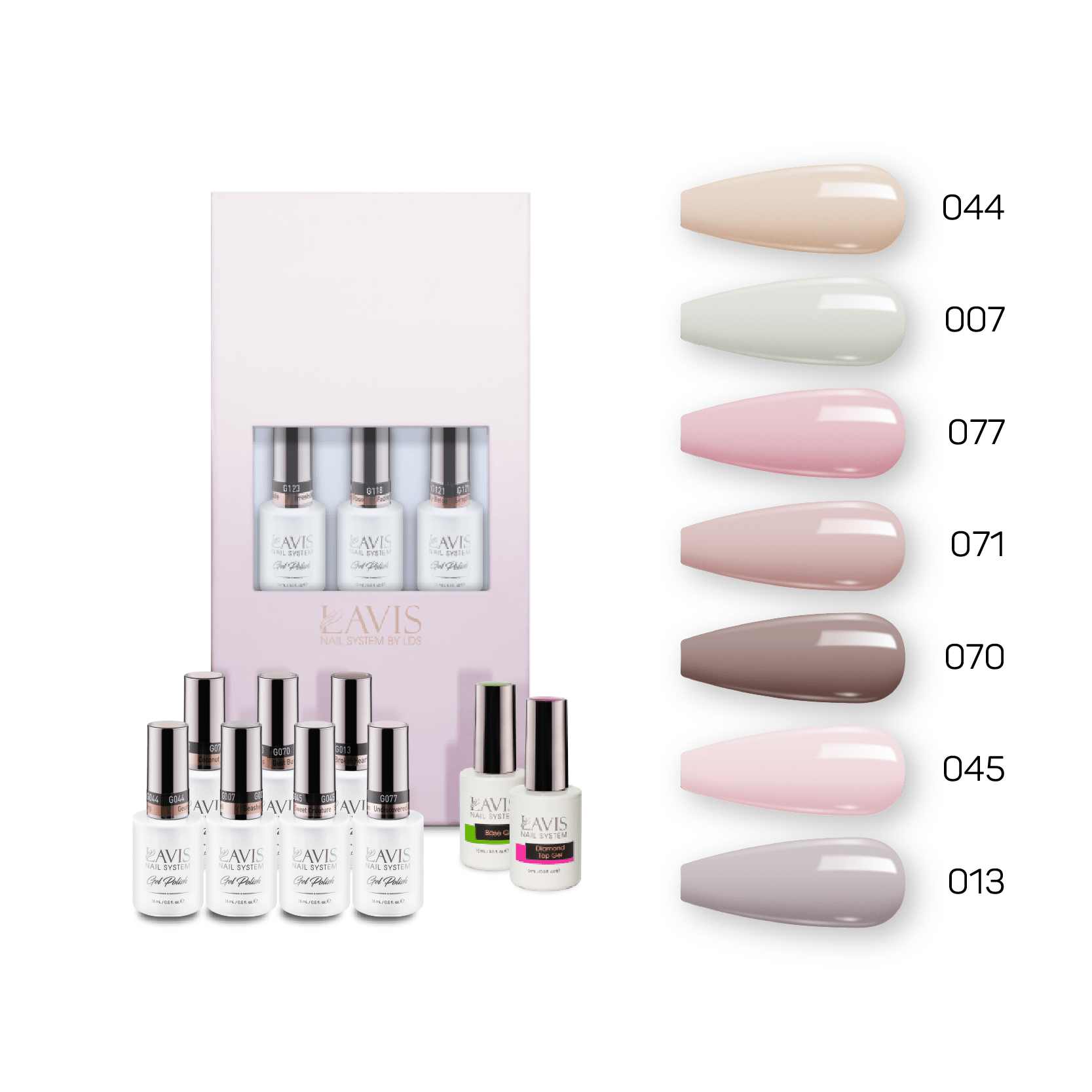 Lavis Holiday Collection: 7 Gel Polishes, 1 Base Gel, 1 Top Gel - Set 2 - 044, 007, 077, 071, 070, 045, 013 + BT - DTK Nail Supply