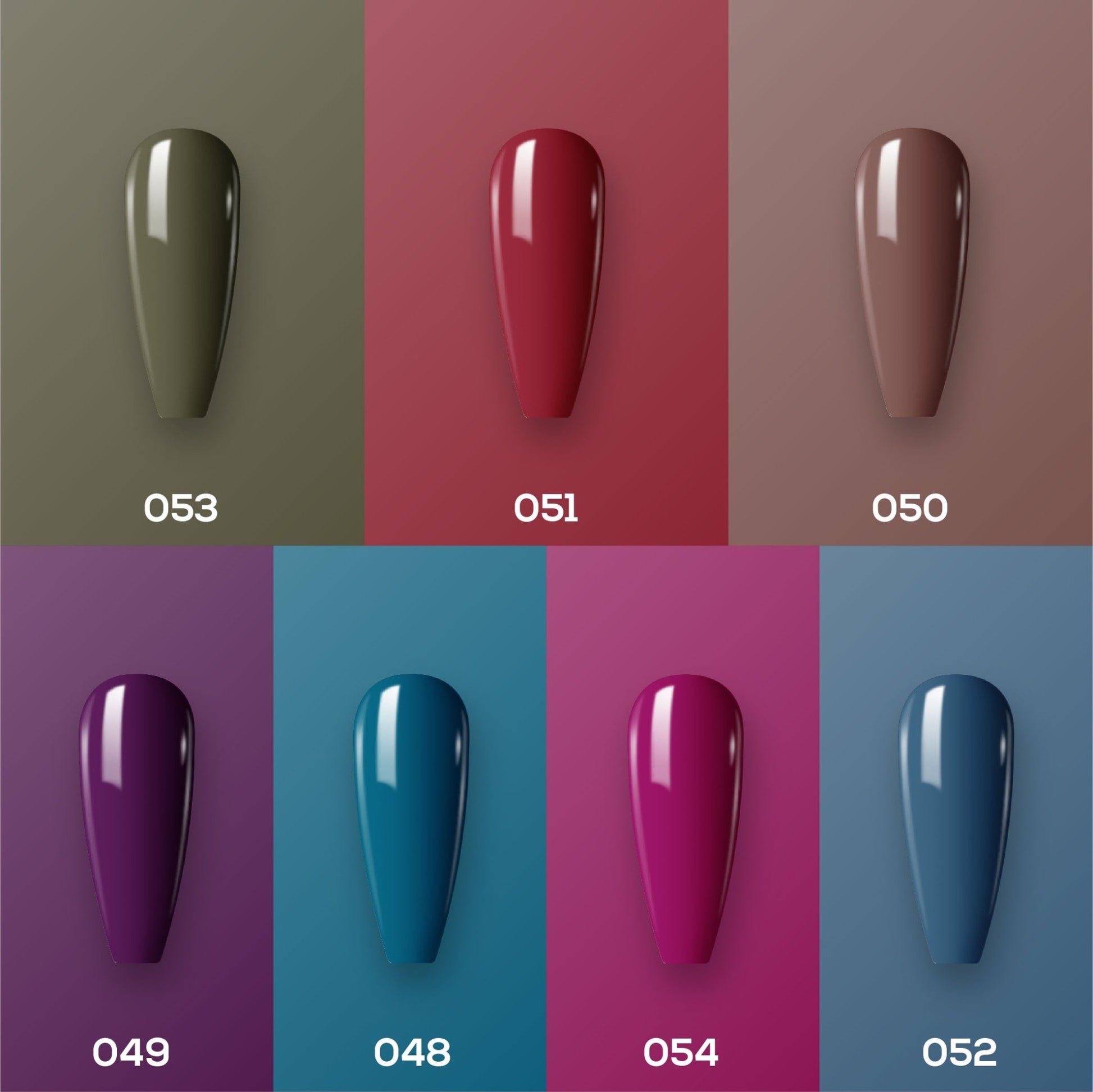 Lavis Holiday Collection: 7 Gel Polishes, 1 Base Gel, 1 Top Gel - Set 20 - 053, 051, 050, 049, 048, 054, 052 + BT - DTK Nail Supply