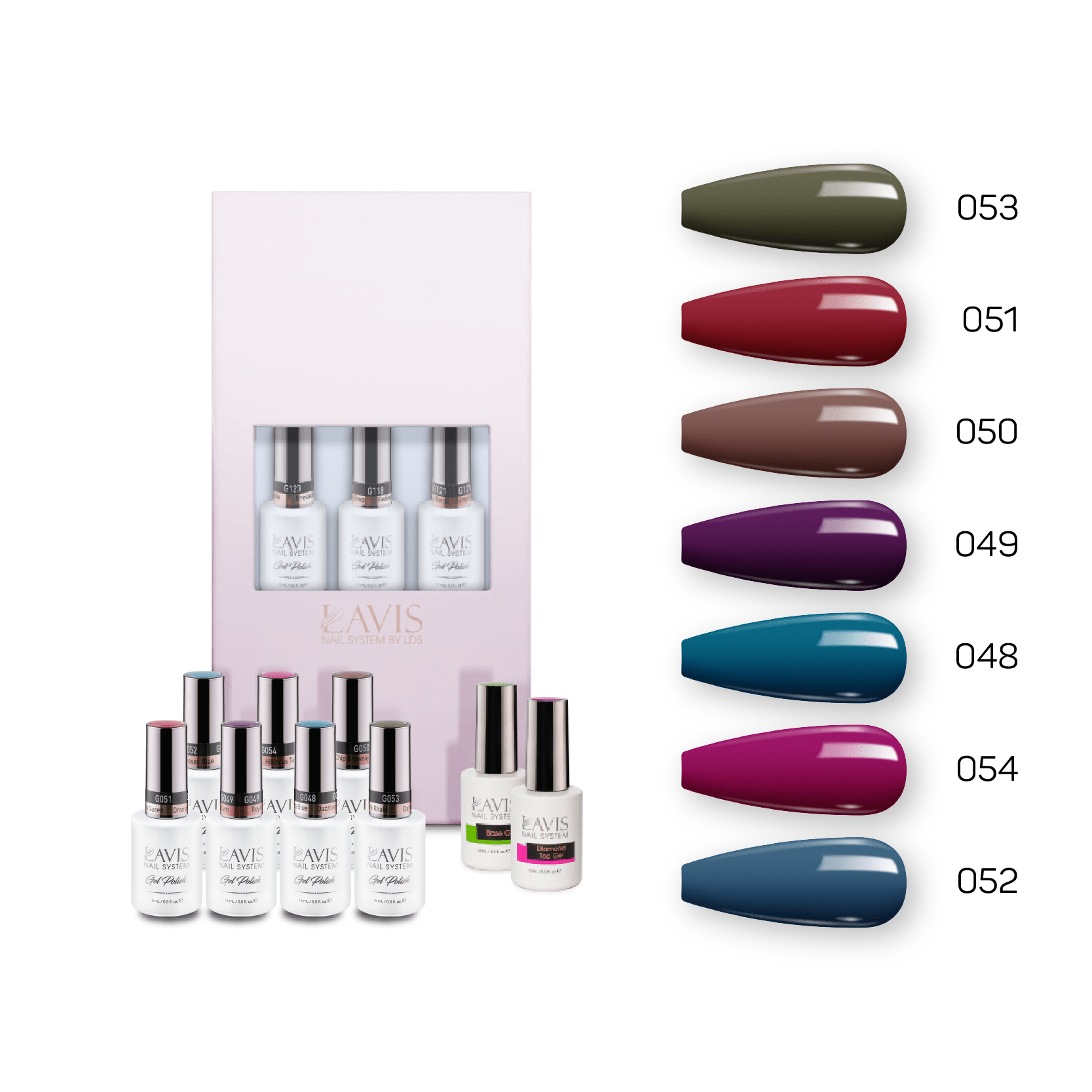 Lavis Holiday Collection: 7 Gel Polishes, 1 Base Gel, 1 Top Gel - Set 20 - 053, 051, 050, 049, 048, 054, 052 + BT - DTK Nail Supply