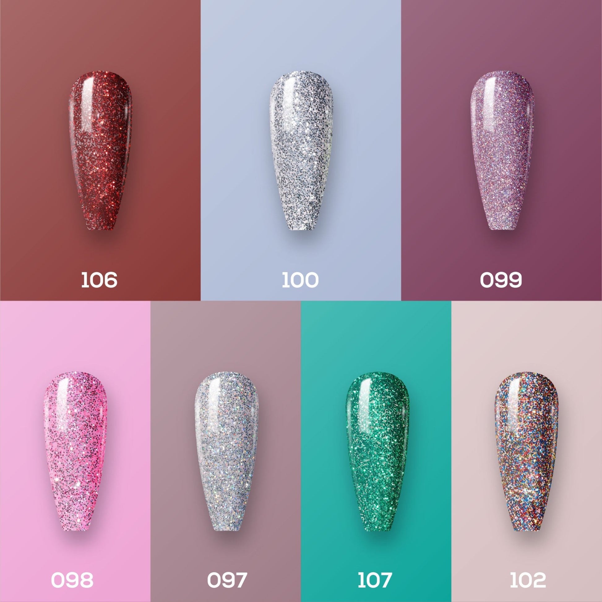 Lavis Holiday Collection: 7 Gel Polishes, 1 Base Gel, 1 Top Gel - Set 21 - 106, 100, 099, 098, 097, 107, 102 + BT - DTK Nail Supply