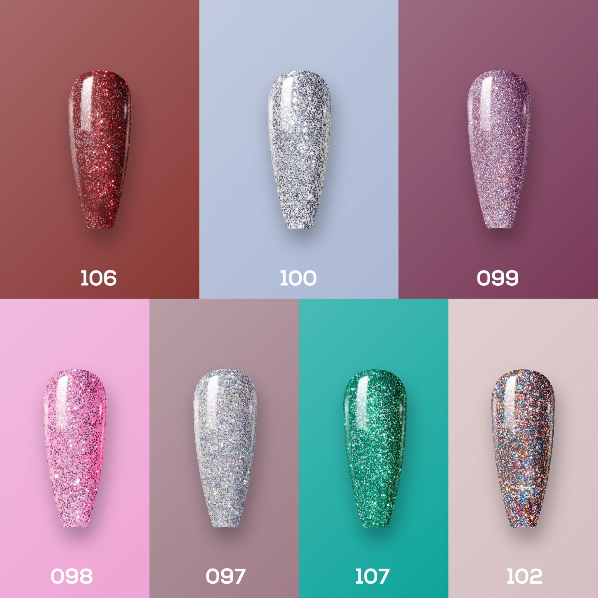 Lavis Holiday Collection: 7 Gel Polishes, 1 Base Gel, 1 Top Gel - Set 21 - 106, 100, 099, 098, 097, 107, 102 + BT - DTK Nail Supply