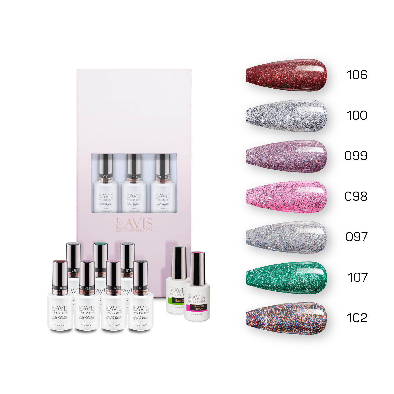 Lavis Holiday Collection: 7 Gel Polishes, 1 Base Gel, 1 Top Gel - Set 21 - 106, 100, 099, 098, 097, 107, 102 + BT - DTK Nail Supply