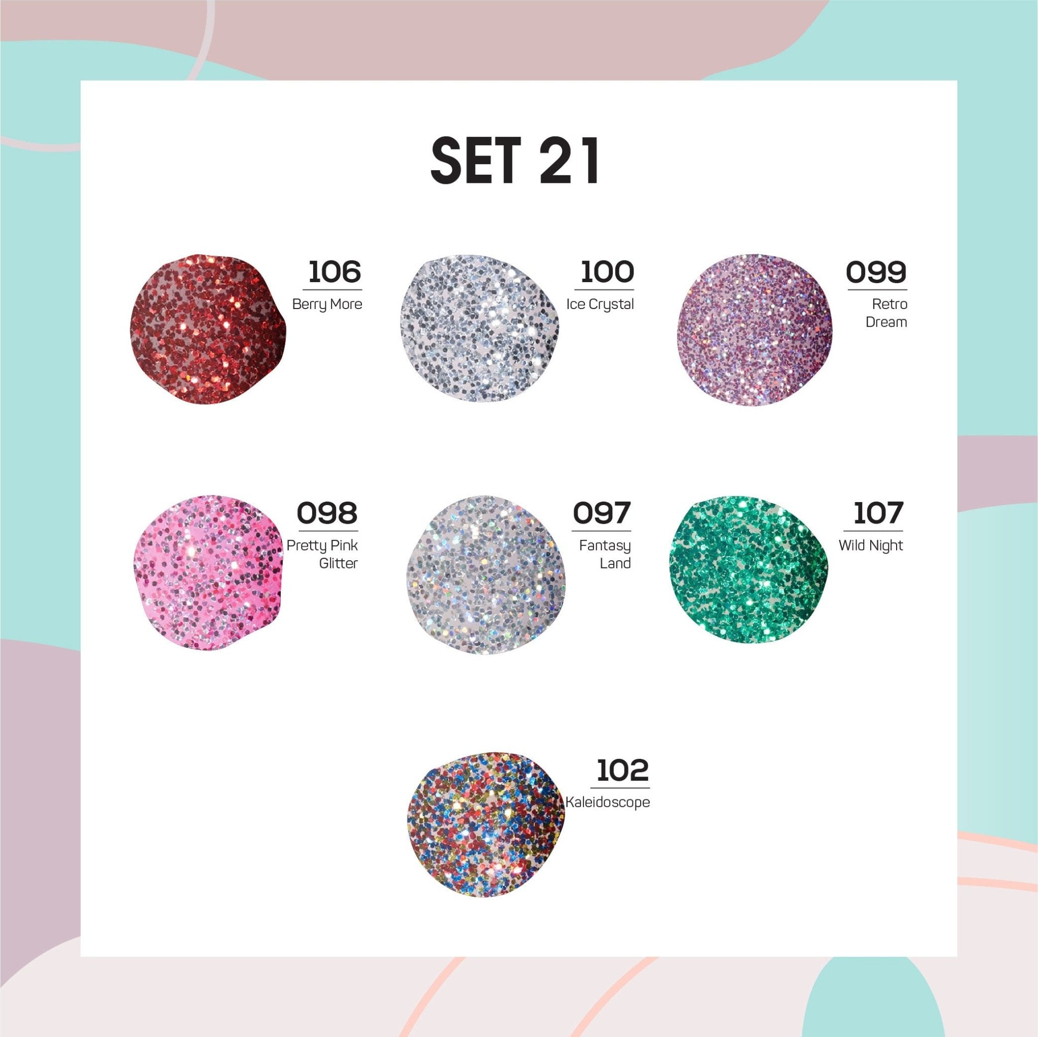 Lavis Holiday Collection: 7 Gel Polishes, 1 Base Gel, 1 Top Gel - Set 21 - 106, 100, 099, 098, 097, 107, 102 + BT - DTK Nail Supply