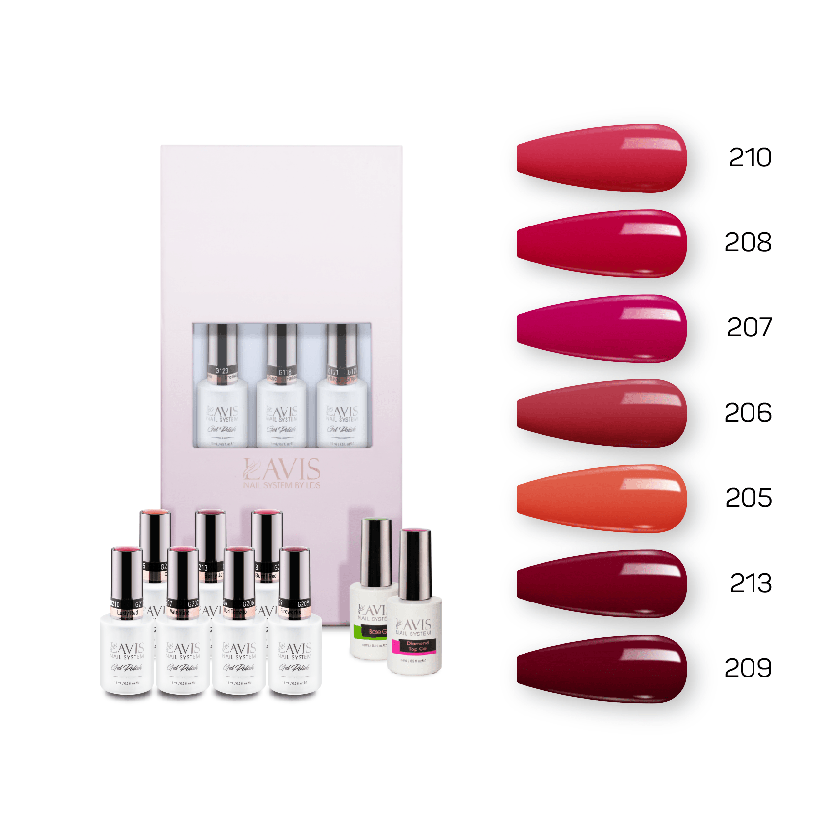 Lavis Holiday Collection: 7 Gel Polishes, 1 Base Gel, 1 Top Gel - Set 22 - 210, 208, 207, 206, 205, 213, 209 + BT - DTK Nail Supply