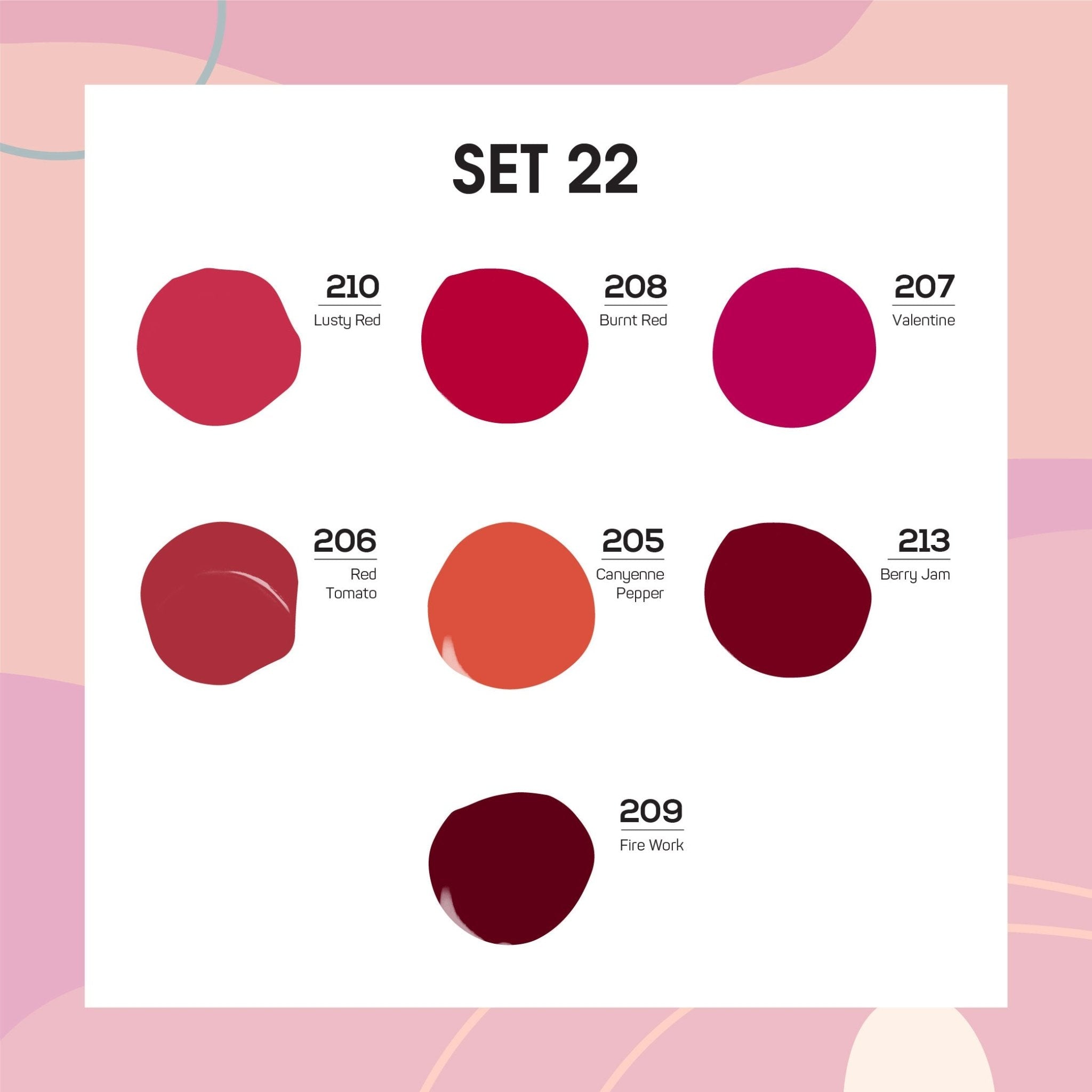 Lavis Holiday Collection: 7 Gel Polishes, 1 Base Gel, 1 Top Gel - Set 22 - 210, 208, 207, 206, 205, 213, 209 + BT - DTK Nail Supply