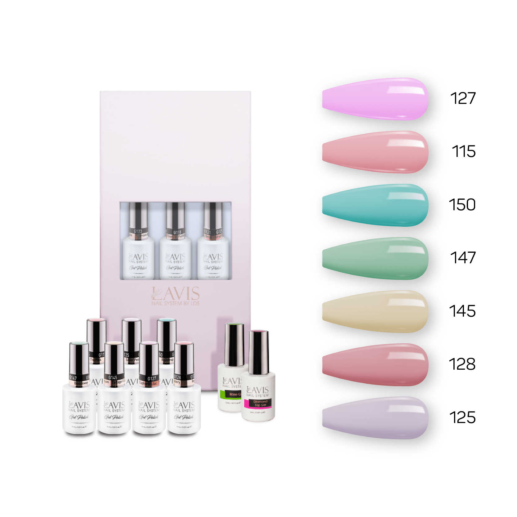Lavis Holiday Collection: 7 Gel Polishes, 1 Base Gel, 1 Top Gel - Set 3 - 127, 115, 150, 147, 145, 128, 125 + BT - DTK Nail Supply