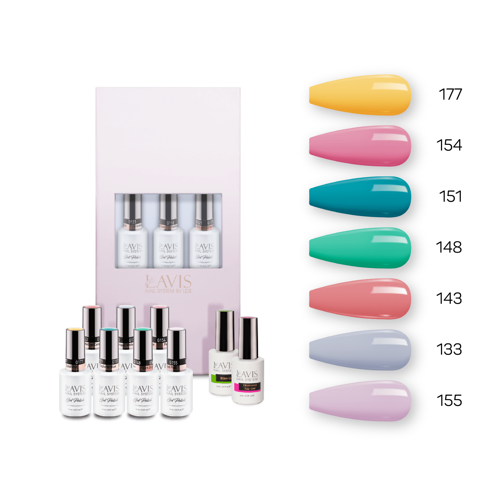 Lavis Holiday Collection: 7 Gel Polishes, 1 Base Gel, 1 Top Gel - Set 9 - 177, 154, 151, 148, 143, 133, 155 + BT - DTK Nail Supply