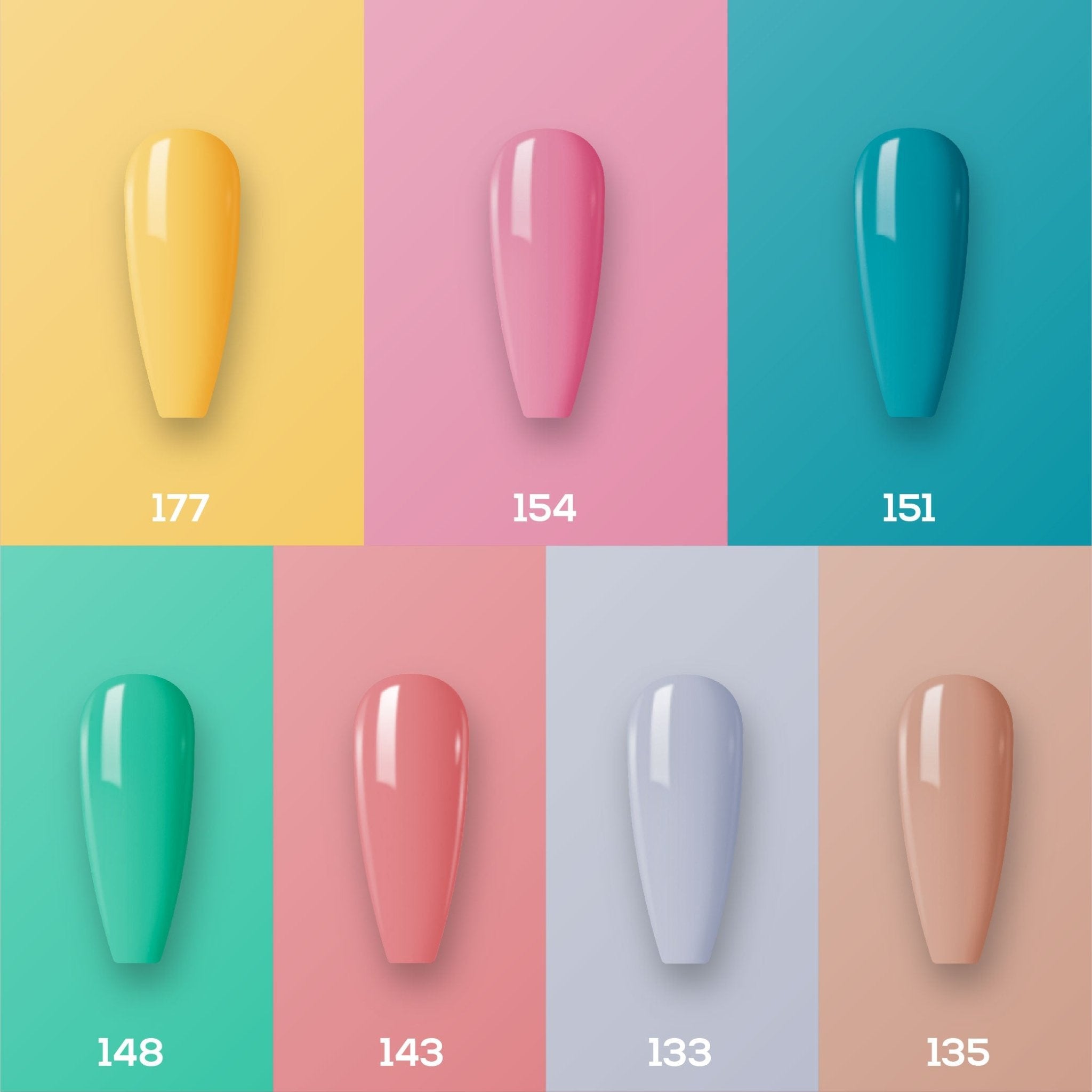 Lavis Holiday Collection: 7 Gel Polishes, 1 Base Gel, 1 Top Gel - Set 9 - 177, 154, 151, 148, 143, 133, 155 + BT - DTK Nail Supply