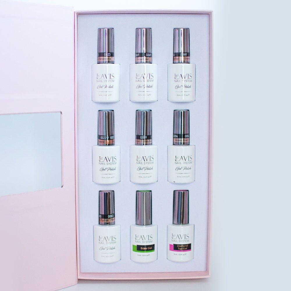 Lavis Holiday Collection: 7 Gel Polishes, 1 Base Gel, 1 Top Gel - SWEET TALK - 023; 069; 068; 022; 009; 004; 003 + BT - DTK Nail Supply