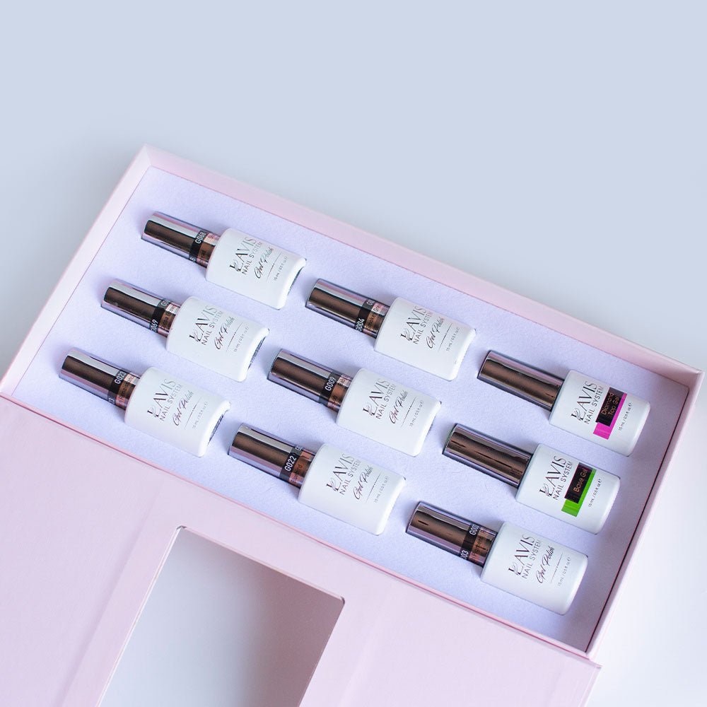 Lavis Holiday Collection: 7 Gel Polishes, 1 Base Gel, 1 Top Gel - SWEET TALK - 023; 069; 068; 022; 009; 004; 003 + BT - DTK Nail Supply