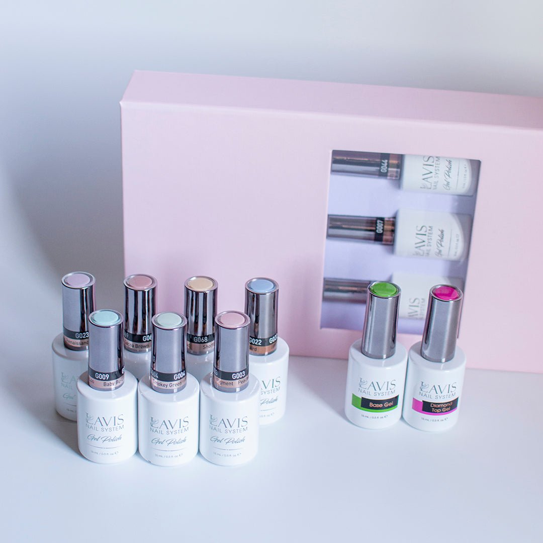 Lavis Holiday Collection: 7 Gel Polishes, 1 Base Gel, 1 Top Gel - SWEET TALK - 023; 069; 068; 022; 009; 004; 003 + BT - DTK Nail Supply
