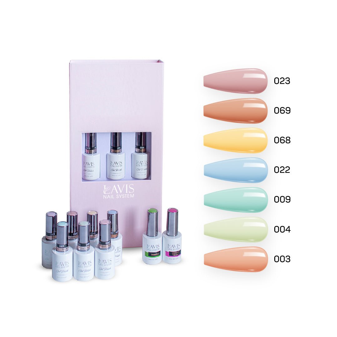 Lavis Holiday Collection: 7 Gel Polishes, 1 Base Gel, 1 Top Gel - SWEET TALK - 023; 069; 068; 022; 009; 004; 003 + BT - DTK Nail Supply