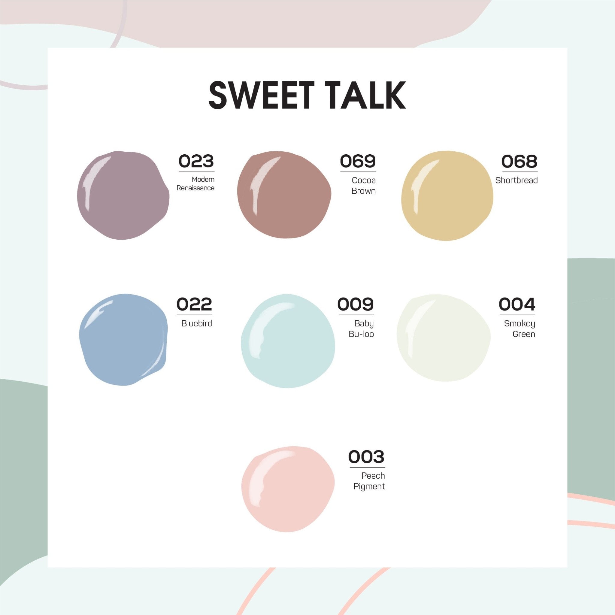 Lavis Holiday Collection: 7 Gel Polishes, 1 Base Gel, 1 Top Gel - SWEET TALK - 023; 069; 068; 022; 009; 004; 003 + BT - DTK Nail Supply