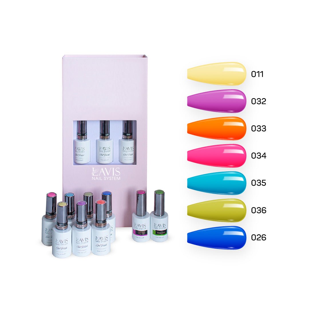 Lavis Holiday Collection: 7 Gel Polishes, 1 Base Gel, 1 Top Gel - WHEN IN TOKYO - 011; 032; 033; 034; 035; 036; 026 + BT - DTK Nail Supply