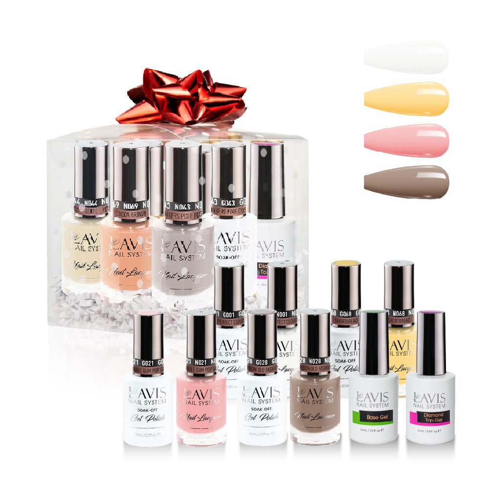 LAVIS Holiday Gift Bundle: 4 Gel & Lacquer, 1 Base Gel, 1 Top Gel - 001, 068, 021, 028 - DTK Nail Supply