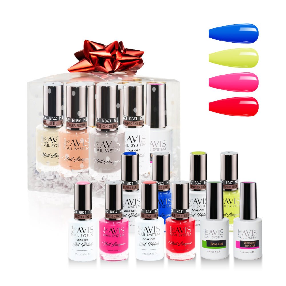 LAVIS Holiday Gift Bundle: 4 Gel & Lacquer, 1 Base Gel, 1 Top Gel - 026, 067, 034, 031 - DTK Nail Supply