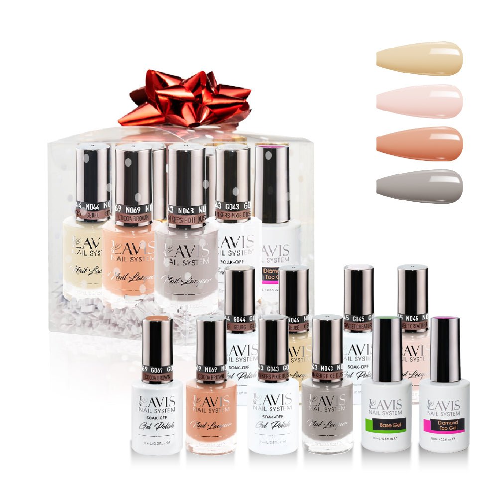 LAVIS Holiday Gift Bundle: 4 Gel & Lacquer, 1 Base Gel, 1 Top Gel - 044, 045, 069, 043 - DTK Nail Supply