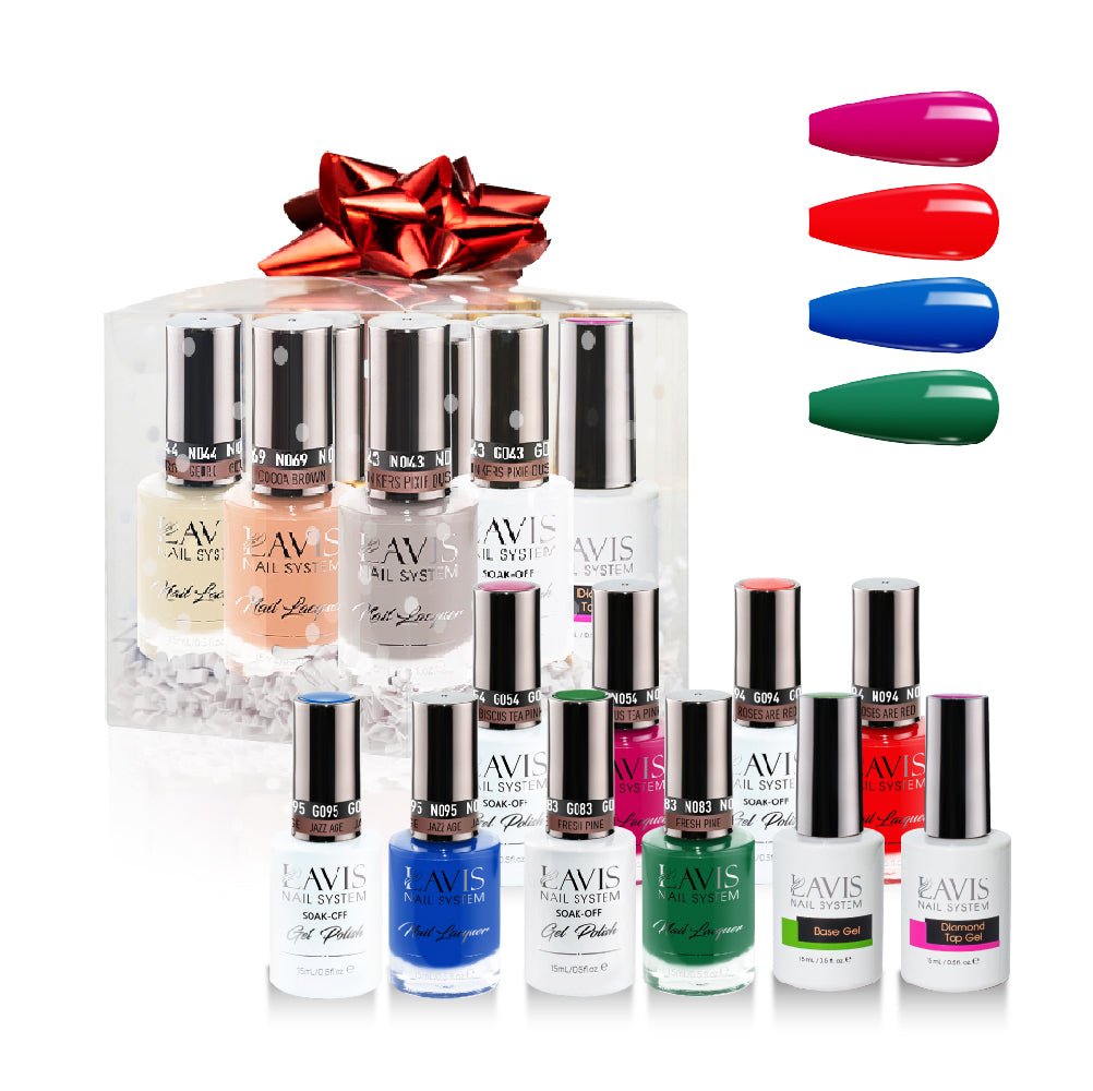 LAVIS Holiday Gift Bundle: 4 Gel & Lacquer, 1 Base Gel, 1 Top Gel - 054, 094, 095, 083 - DTK Nail Supply