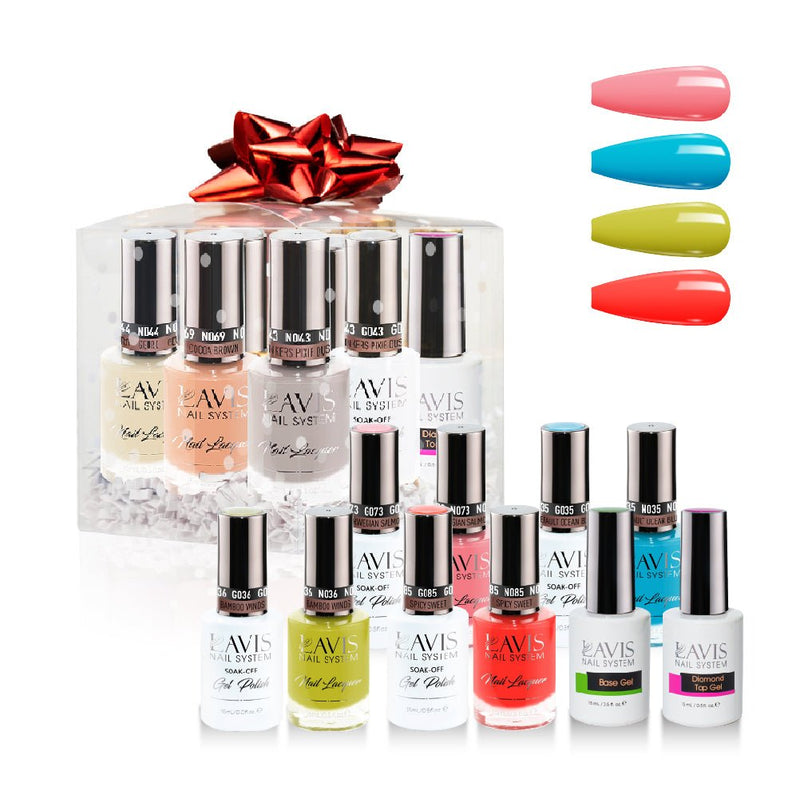 LAVIS Holiday Gift Bundle: 4 Gel & Lacquer, 1 Base Gel, 1 Top Gel - 073, 035, 036, 085 - DTK Nail Supply