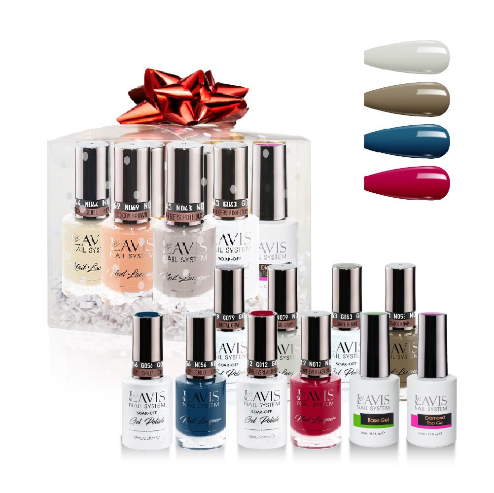 LAVIS Holiday Gift Bundle: 4 Gel & Lacquer, 1 Base Gel, 1 Top Gel - 079, 053, 056, 012 - DTK Nail Supply