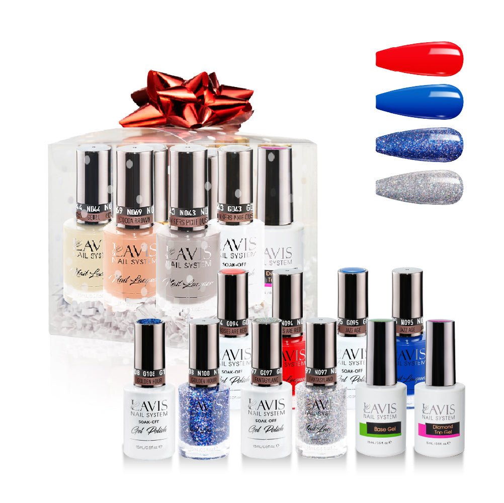 LAVIS Holiday Gift Bundle: 4 Gel & Lacquer, 1 Base Gel, 1 Top Gel - 094, 095, 108, 097 - DTK Nail Supply