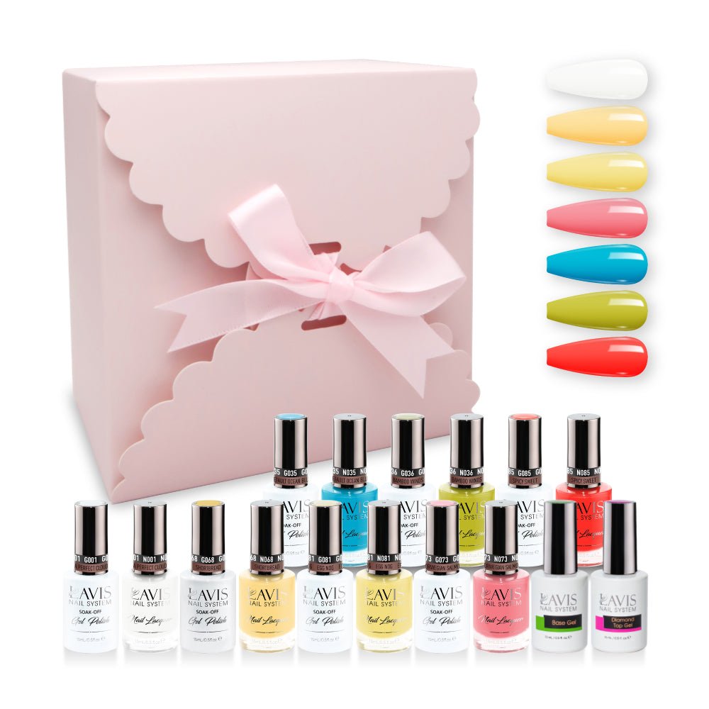 LAVIS Holiday Gift Bundle: 7 Gel & Lacquer, 1 Base Gel, 1 Top Gel - 001, 068, 081, 073, 035, 036, 085 - DTK Nail Supply