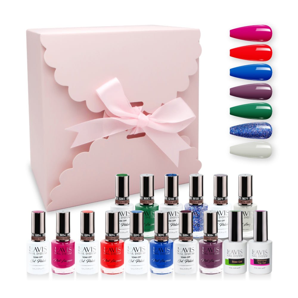 LAVIS Holiday Gift Bundle: 7 Gel & Lacquer, 1 Base Gel, 1 Top Gel - 054, 094, 095, 084, 083, 108, 079 - DTK Nail Supply