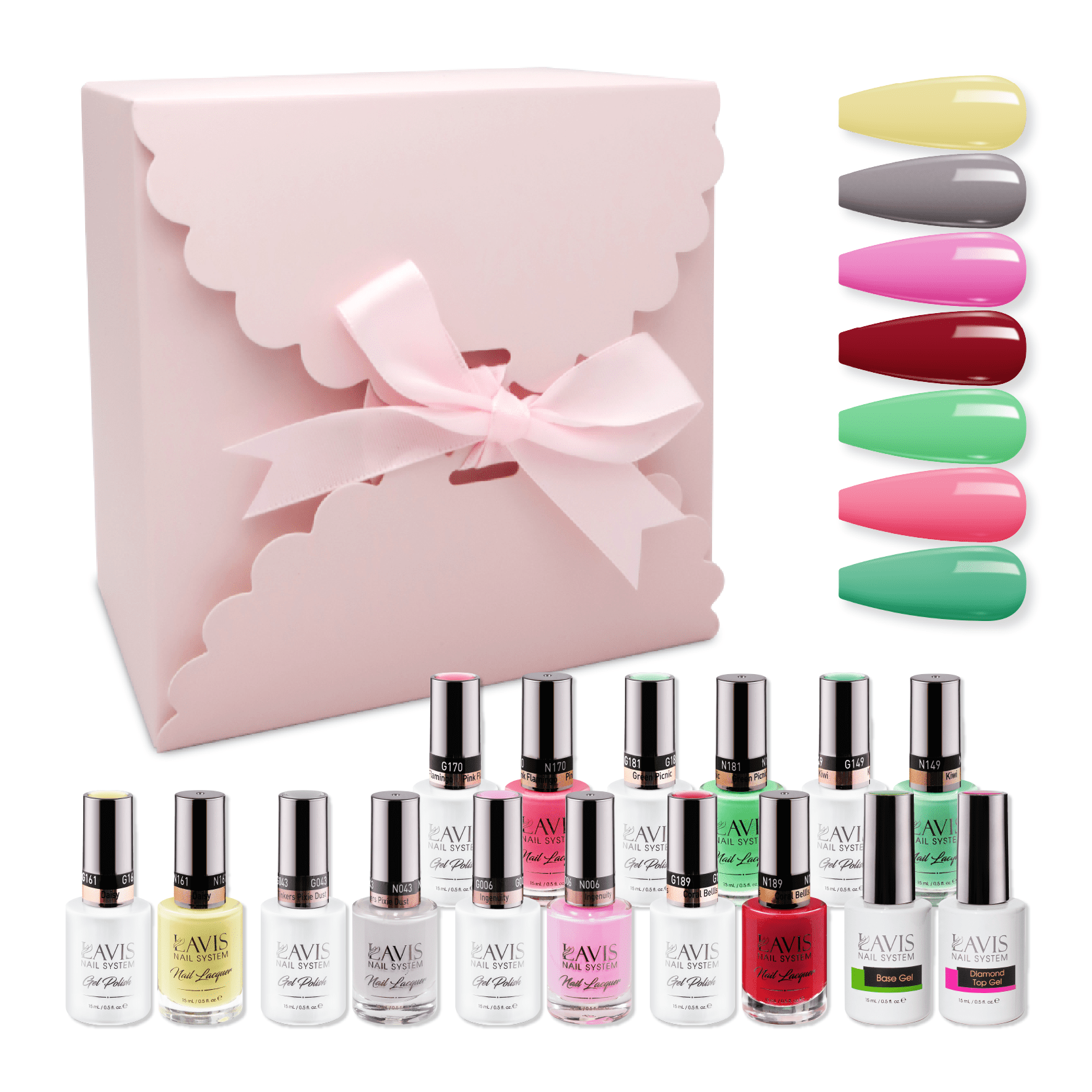 LAVIS Holiday Gift Bundle Set 11: 7 Gel & Lacquer, 1 Base Gel, 1 Top Gel - 181; 149; 161; 006; 189; 043; 170 - DTK Nail Supply