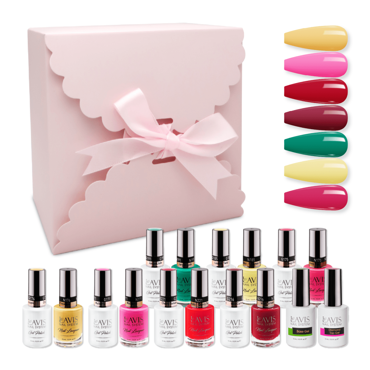 LAVIS Holiday Gift Bundle Set 12: 7 Gel & Lacquer, 1 Base Gel, 1 Top Gel - 216; 221; 176; 191; 171; 175; 185 - DTK Nail Supply