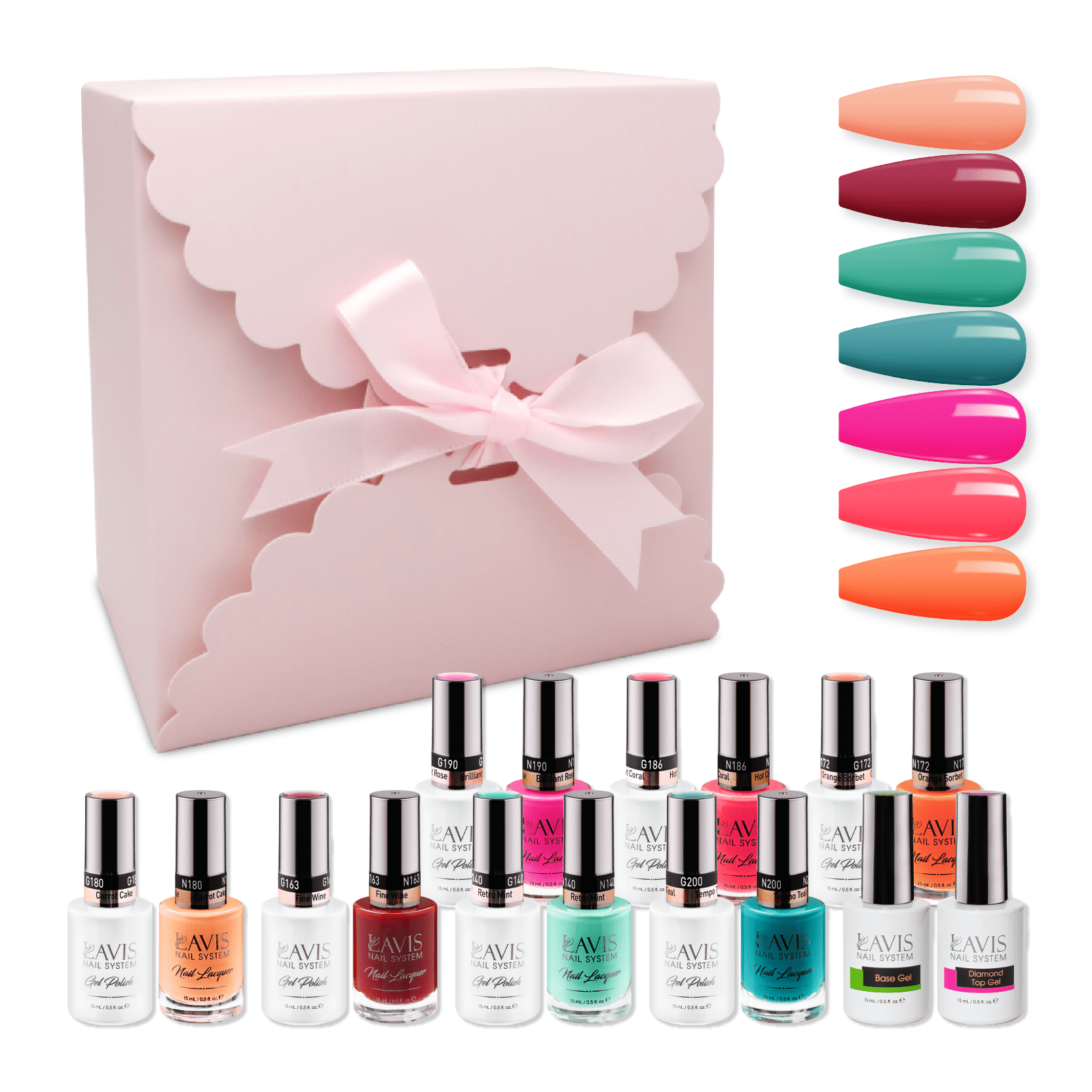 LAVIS Holiday Gift Bundle Set 13: 7 Gel & Lacquer, 1 Base Gel, 1 Top Gel - 163; 200; 180; 190; 140; 172; 186 - DTK Nail Supply