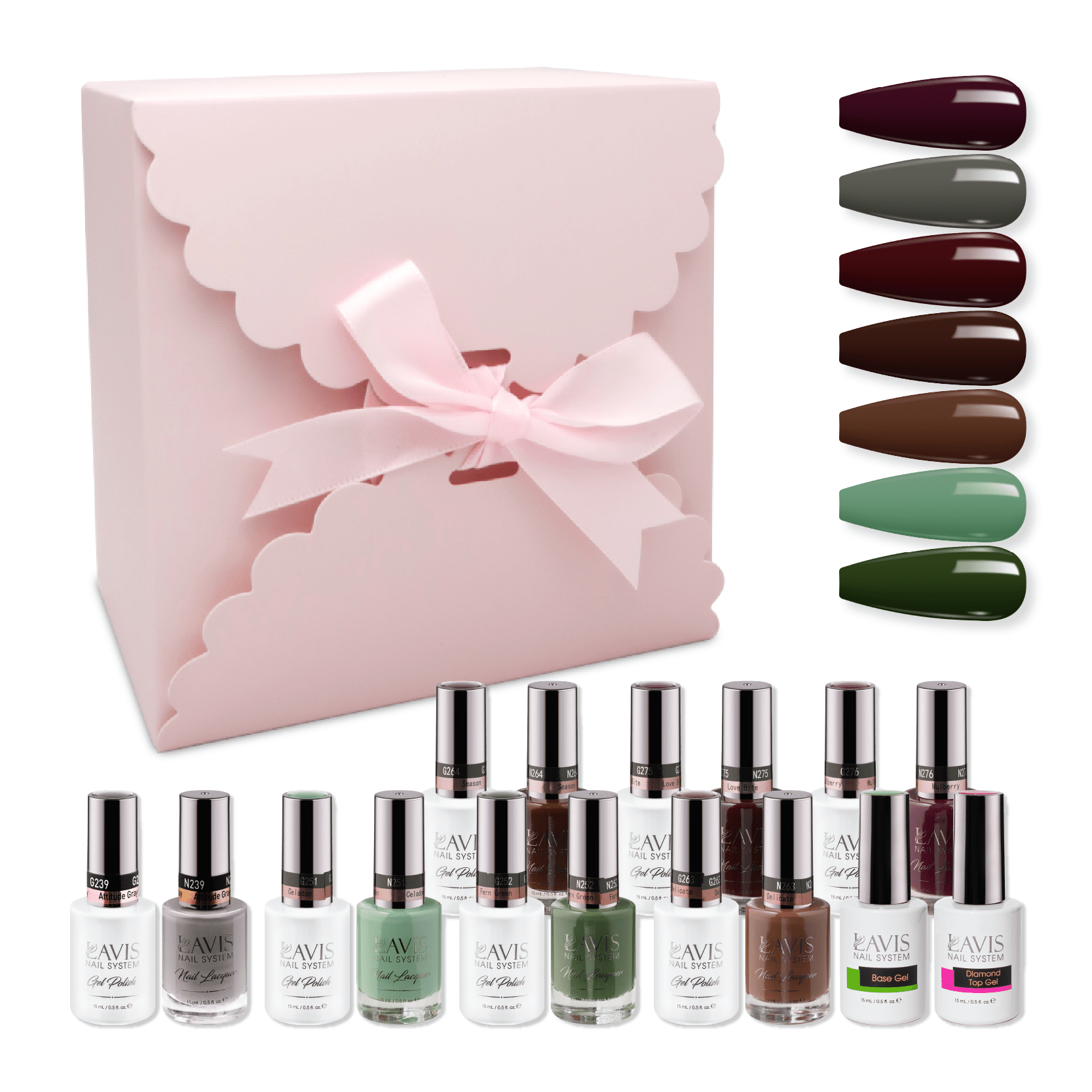 LAVIS Holiday Gift Bundle Set 19: 7 Gel & Lacquer, 1 Base Gel, 1 Top Gel - 239; 251; 252; 263; 264; 275; 276 - DTK Nail Supply