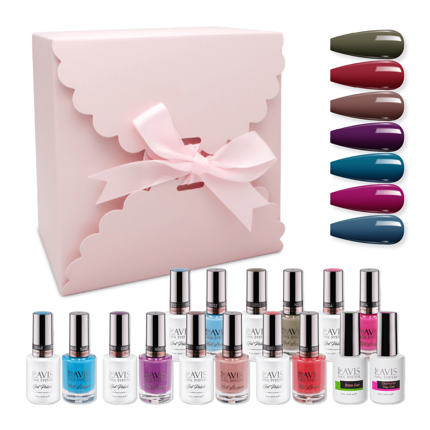 LAVIS Holiday Gift Bundle Set 20: 7 Gel & Lacquer, 1 Base Gel, 1 Top Gel - 048; 049; 050; 057; 052; 053; 054 - DTK Nail Supply