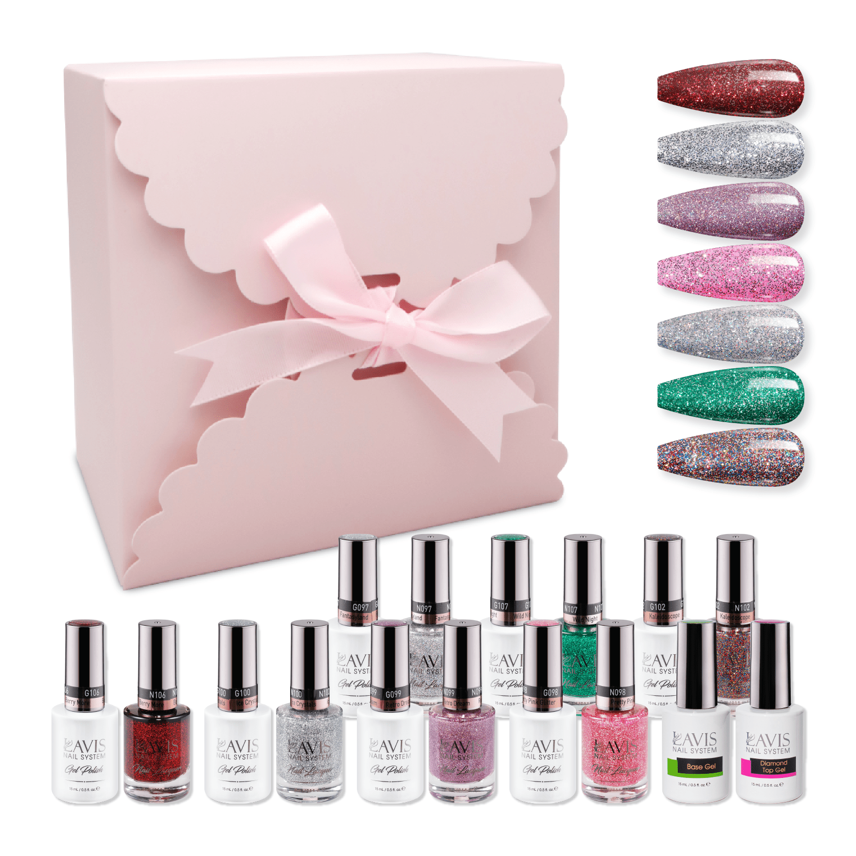 LAVIS Holiday Gift Bundle Set 21: 7 Gel & Lacquer, 1 Base Gel, 1 Top Gel - 097; 098; 099; 100; 102; 106; 107 - DTK Nail Supply