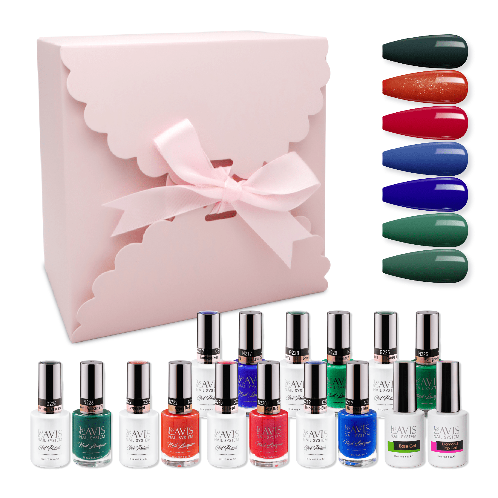 LAVIS Holiday Gift Bundle Set 23: 7 Gel & Lacquer, 1 Base Gel, 1 Top Gel - 217; 219; 220; 222; 225; 226; 228 - DTK Nail Supply