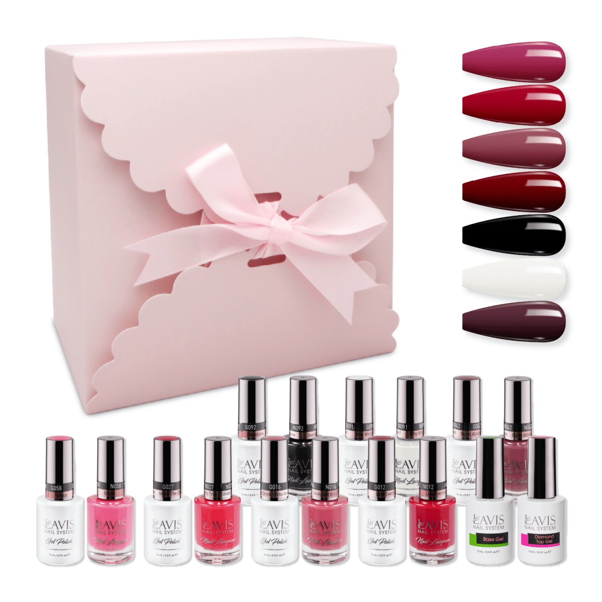 LAVIS Holiday Gift Bundle Set 24: 7 Gel & Lacquer, 1 Base Gel, 1 Top Gel - 027; 058; 016; 012; 042; 092; 091 - DTK Nail Supply